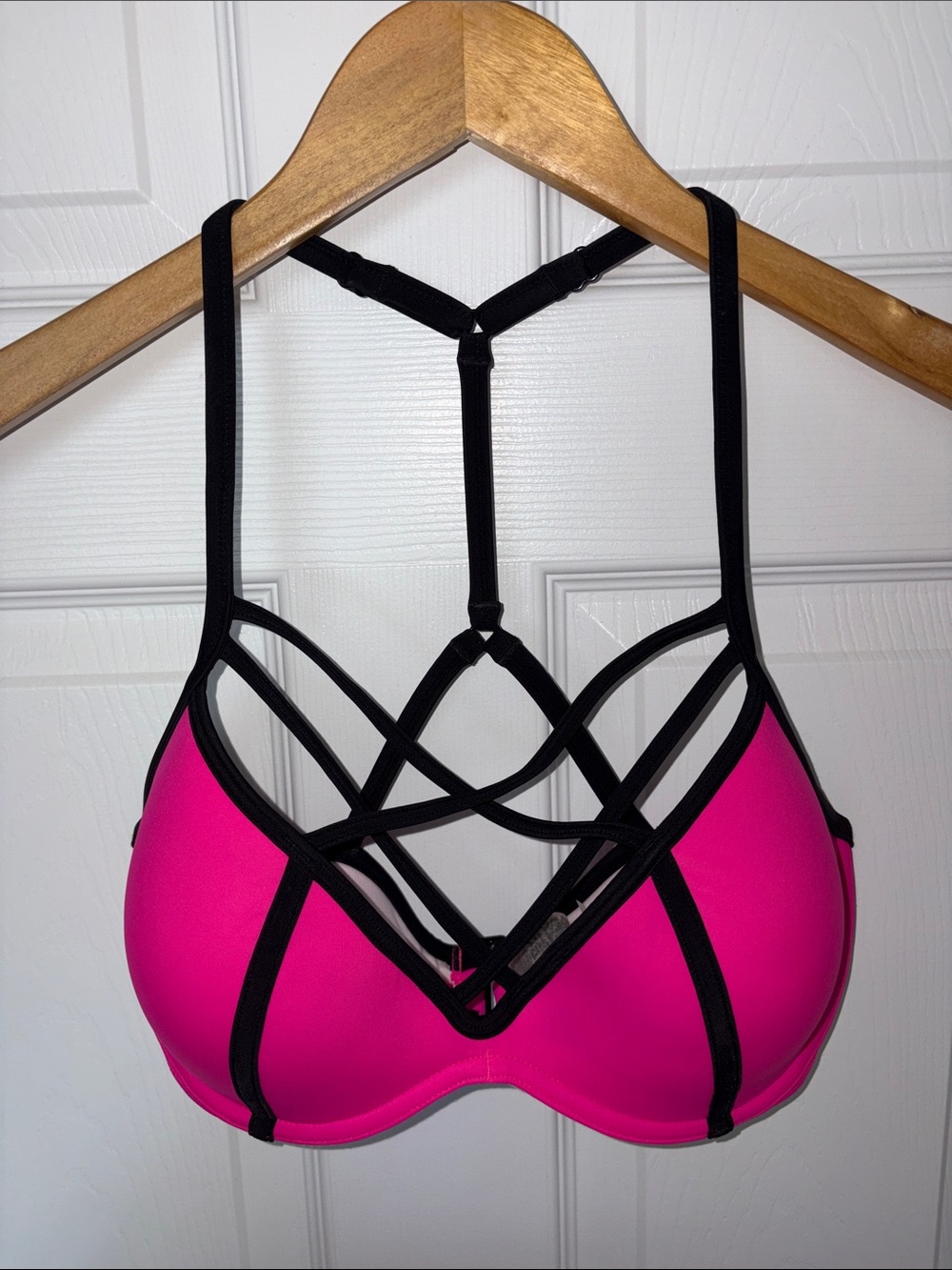 PINK Victoria's Secret Neon Pink Bikini Top with Black Strappy Detail